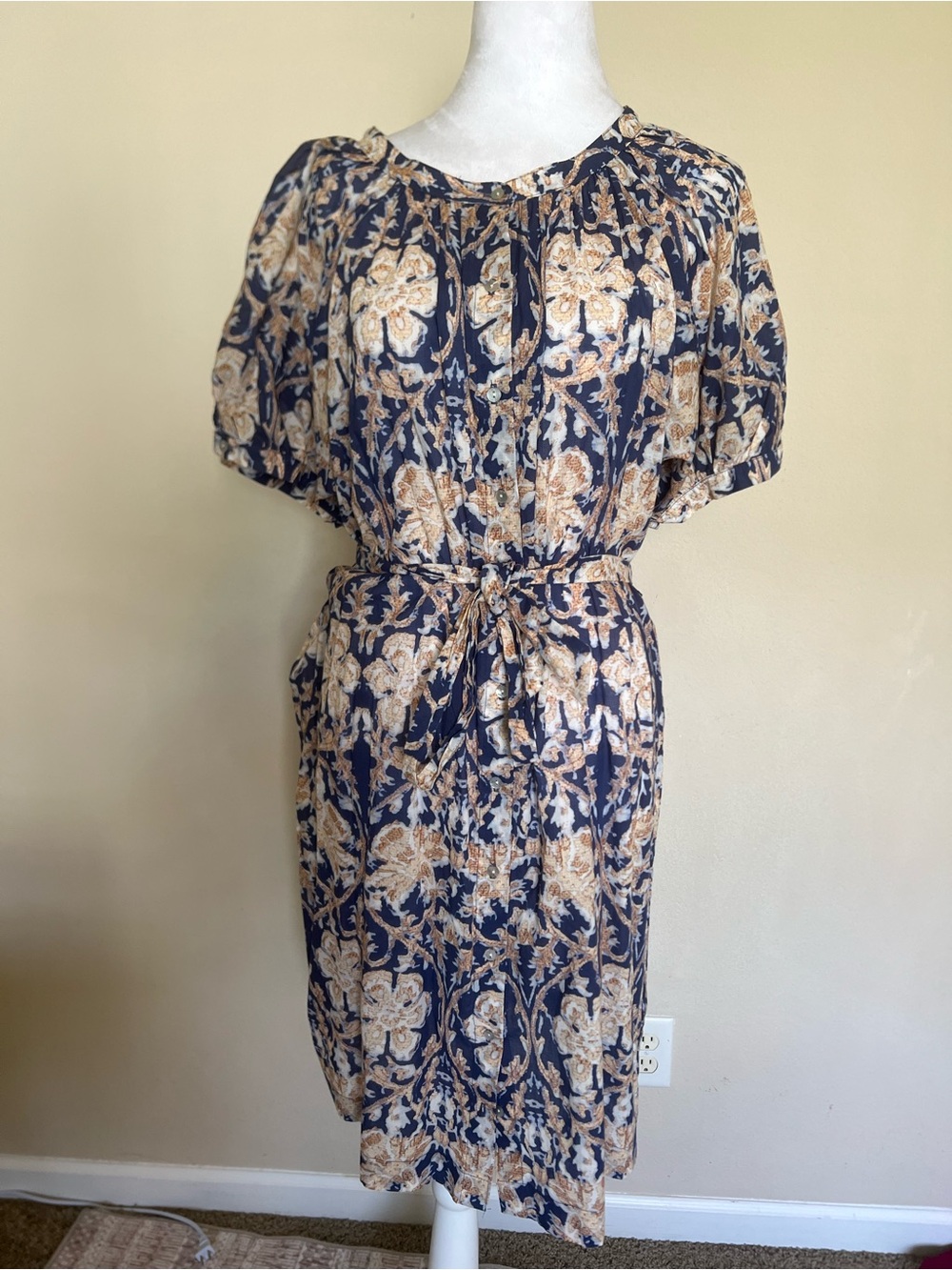 Fifteen Twenty Navy and Beige Floral Tie-Waist Midi Dress